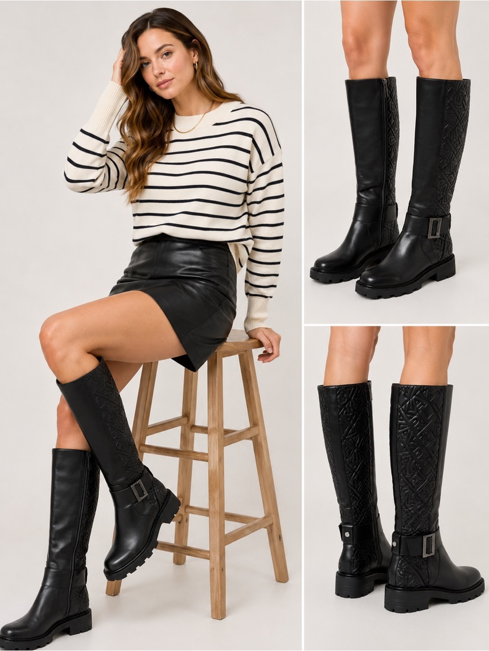 253. Karl Lagerfeld Black Quilted Knee-High Buckle Boots